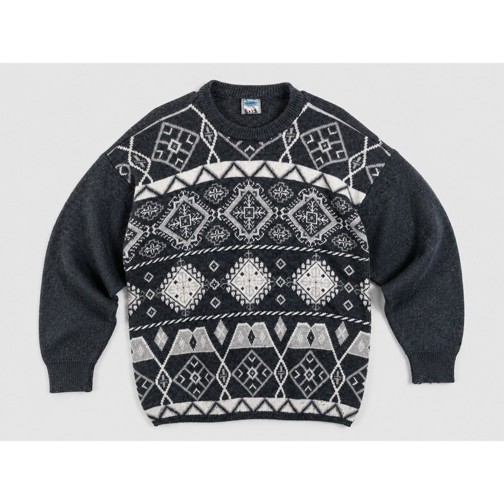 Vintage 90s Oz Yuksek Fair Isle Sweater Mens XL Charcoal Grey Geometric Knit